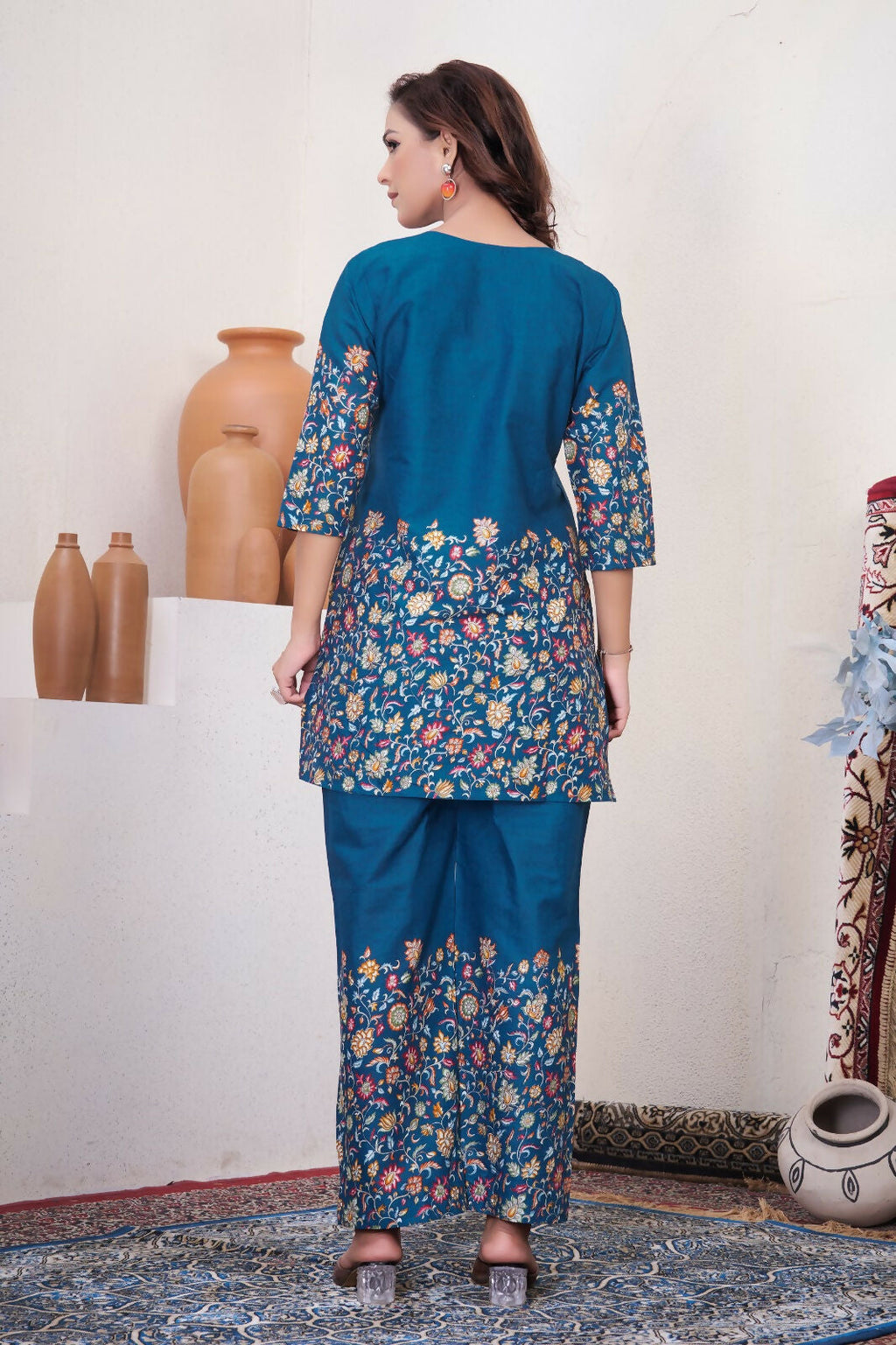 Teeya Creation Teal Blue Floral Printed Short Kurta With Straight Pants Co-Ord Set | Grocsy