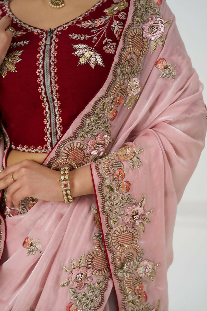 Kesar Fab Graceful Pink Zari And Sequins On Rich Fendi Silk Saree | Grocsy