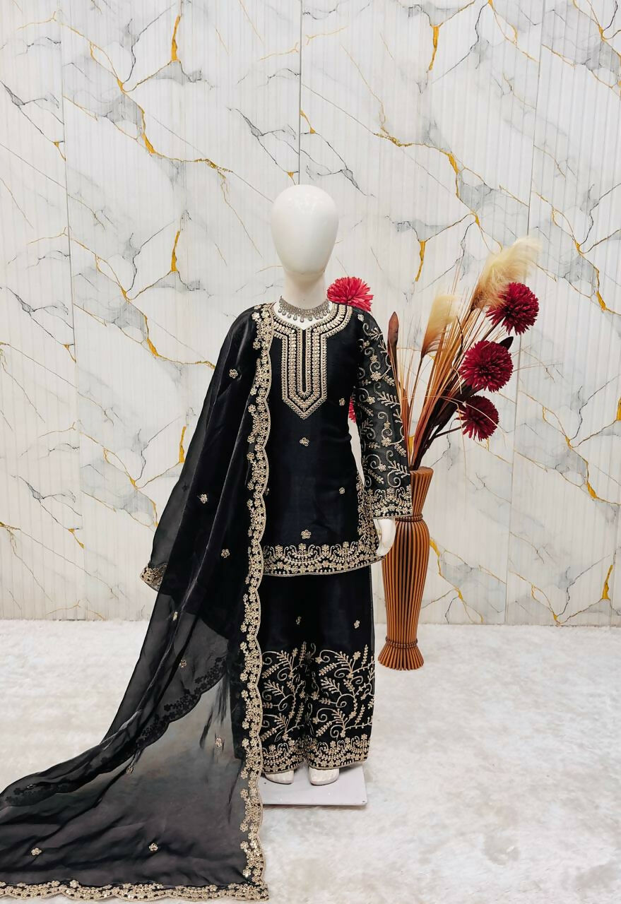 Teeya Creation New Kids Wedding Wear Heavy Embroidery Sequence Work Kurta Sharara Set-Black | Grocsy