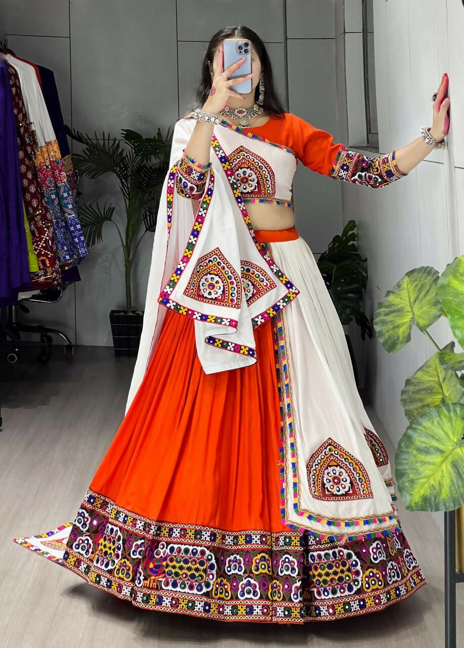 Yash Enterprise Orange Rayon Cotton Embroidery Semi Stitched Navratri Top Chaniya Choli | Grocsy