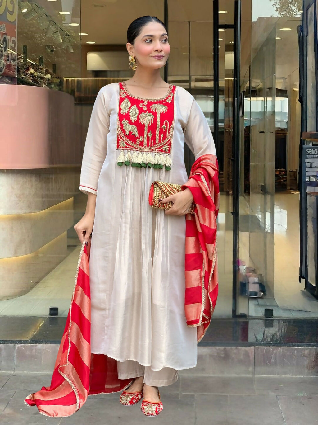The52 Women's Gorgeous Embroidery Work Silk Fabric Flared Anarkali Pant and Dupatta Set-White | Grocsy