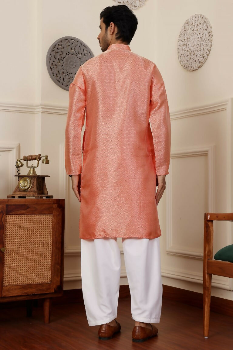 Orange Viscose Woven Jacquard Work Men's Rajwadi Kurta Set - Mahotsav | Grocsy