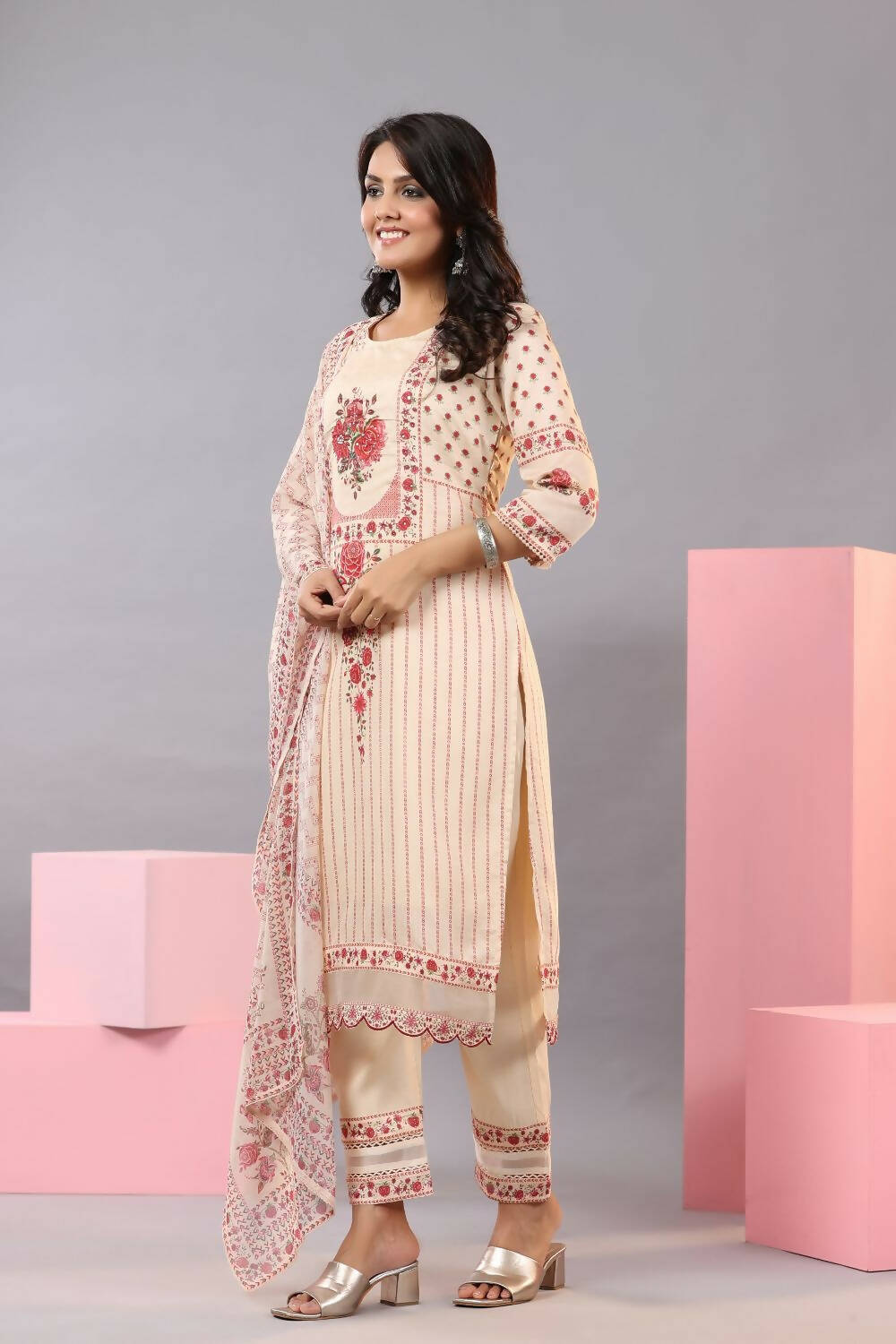 Juniper Women Ecru Muslin Floral Printed Kurta, Pants and Dupatta Set | Grocsy