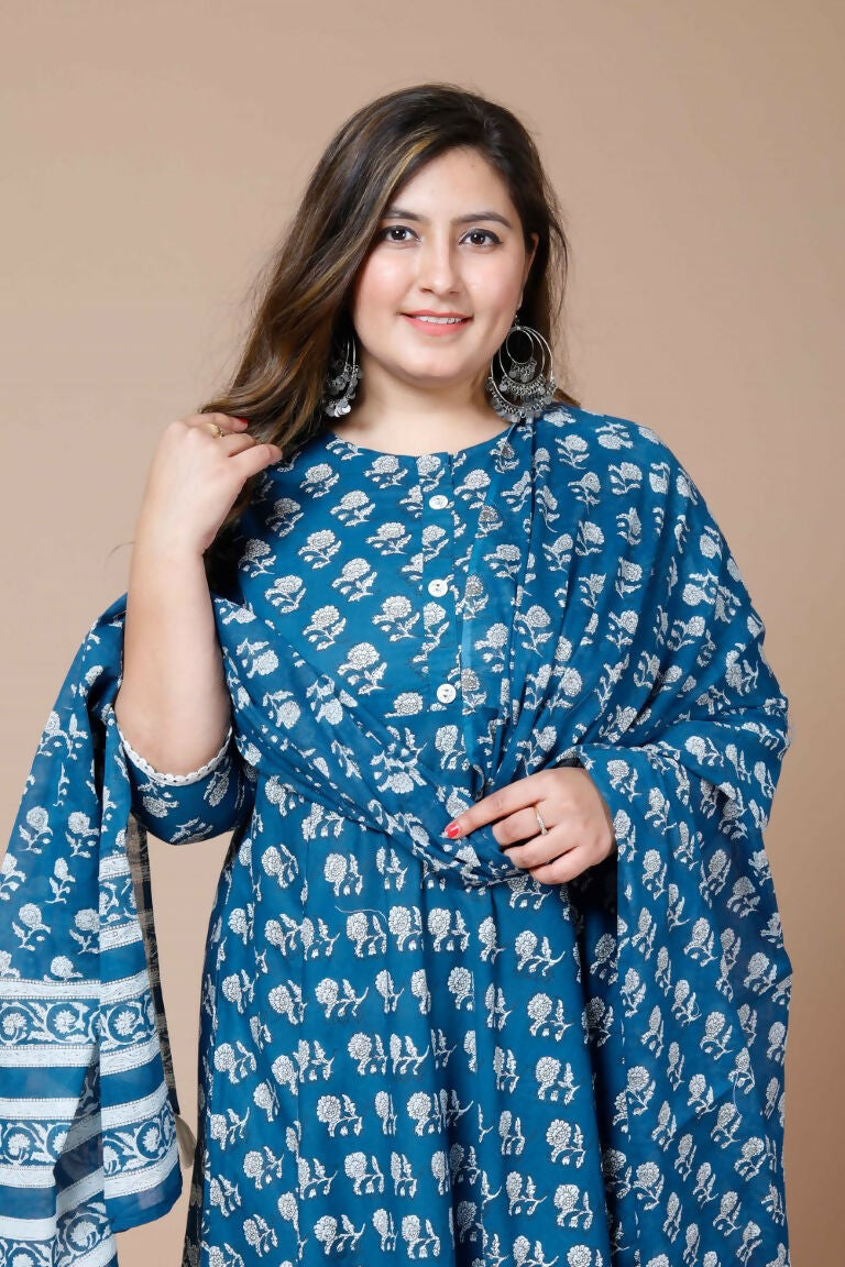 Miravan Women's Plus Size Blue Printed Anarkali Kurta With Dupatta | Grocsy