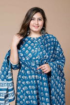 Miravan Women's Plus Size Blue Printed Anarkali Kurta With Dupatta | Grocsy