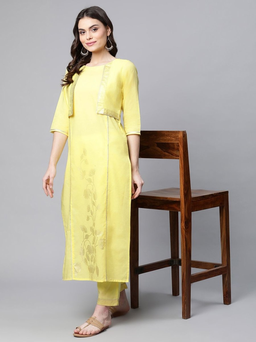 Ahalyaa Women Yellow Pure Cotton Printed Floral Kurta With Trousers | Grocsy