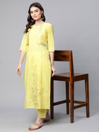 Ahalyaa Women Yellow Pure Cotton Printed Floral Kurta With Trousers | Grocsy