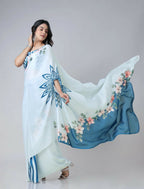 Vastranavya Icy Blue Freehand with Navy Starburst & Floral Print Ready to Wear Saree | Grocsy