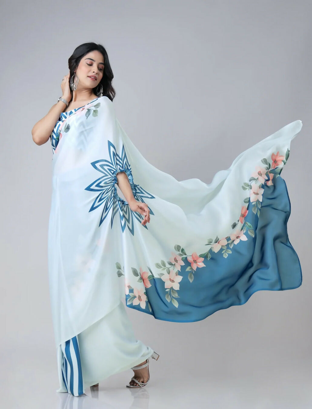 Vastranavya Icy Blue Freehand with Navy Starburst & Floral Print Ready to Wear Saree | Grocsy