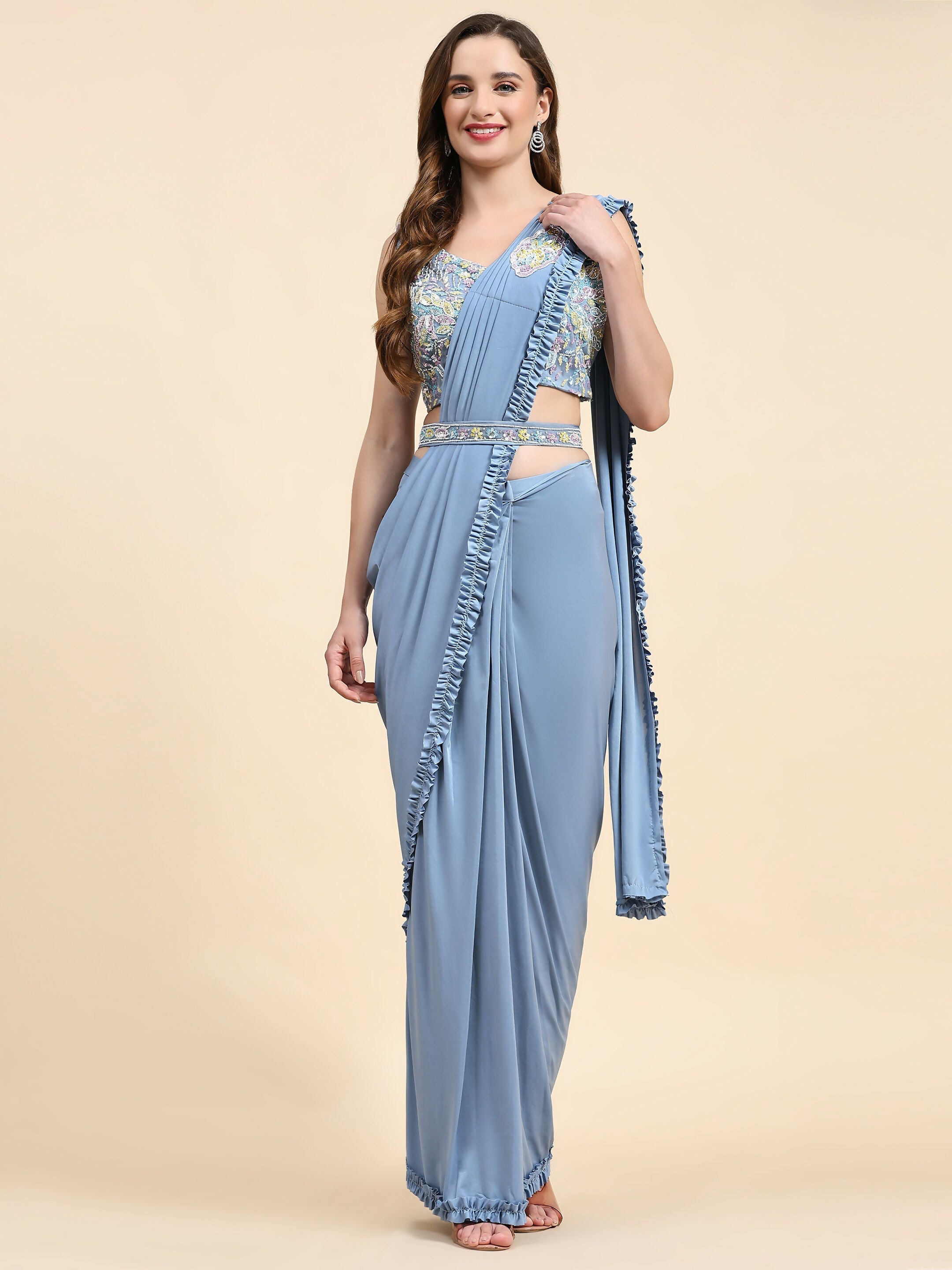 Blue Lycra Solid Ready to wear Saree with stitched Blouse - Vanita | Grocsy