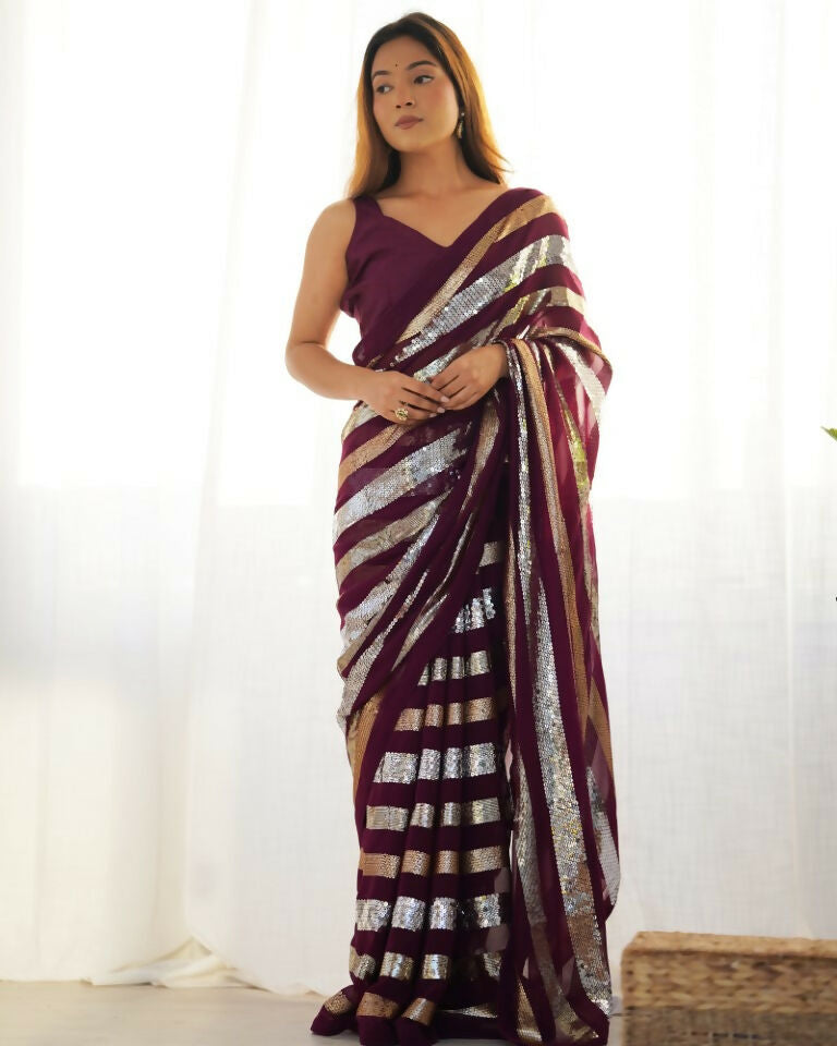 Wine Georgette Sequance Embroidery Work Border Saree - Sitare | Grocsy