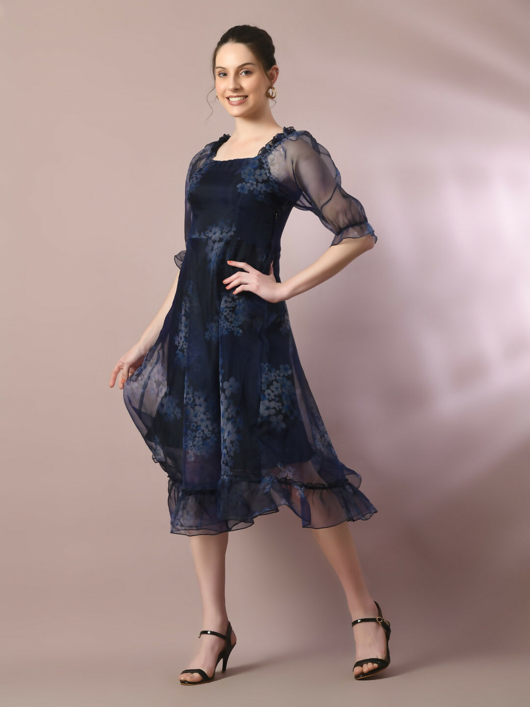 Myshka Women's Navy Blue Printed Square Neck Fit and Flare Party Dress | Grocsy