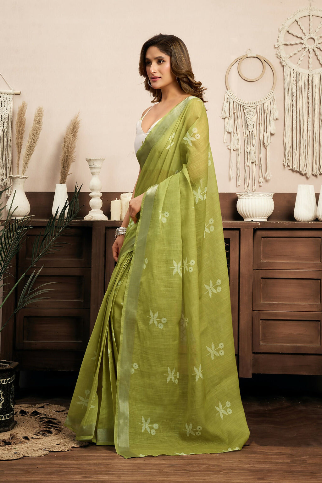 Vastranavya Mehendi Digital Printed Linen Ready To Wear Designer Saree with Unstitched Blouse | Grocsy