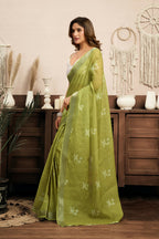 Vastranavya Mehendi Digital Printed Linen Ready To Wear Designer Saree with Unstitched Blouse | Grocsy