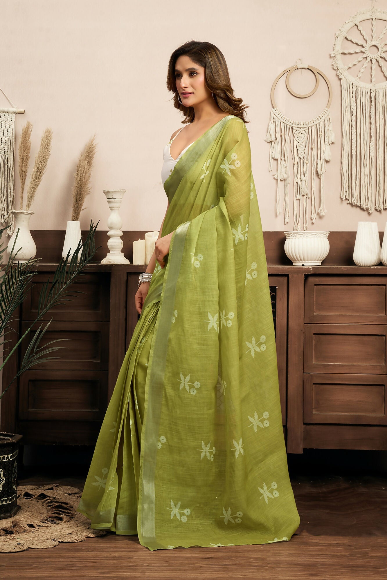 Vastranavya Mehendi Digital Printed Linen Ready To Wear Designer Saree with Unstitched Blouse | Grocsy
