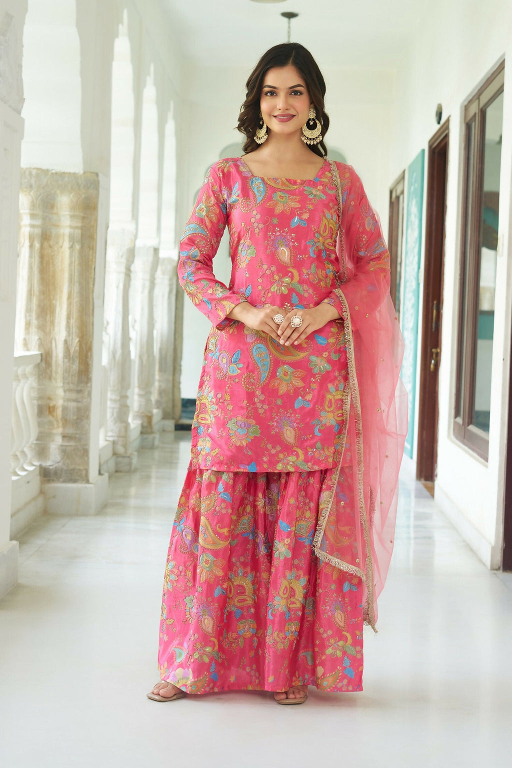 Joban Fashion Pink Chinnon Embroidery Sequence Work Readymade Kurta Set | Grocsy