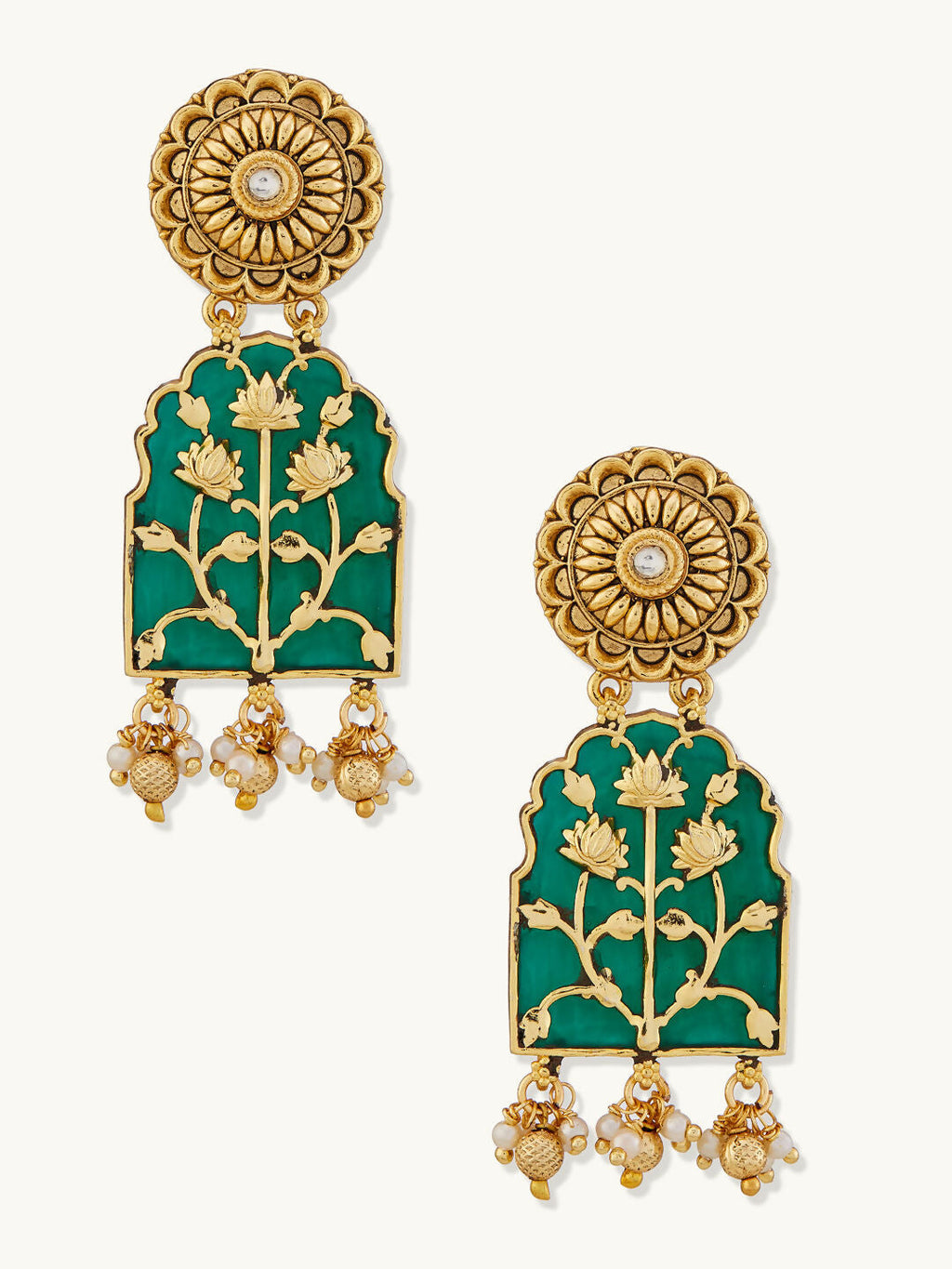 Nuyug 22K Gold-Plated Pearl Beaded Strings Green Enamel Pendant with Floral Motifs Necklace Set | Grocsy
