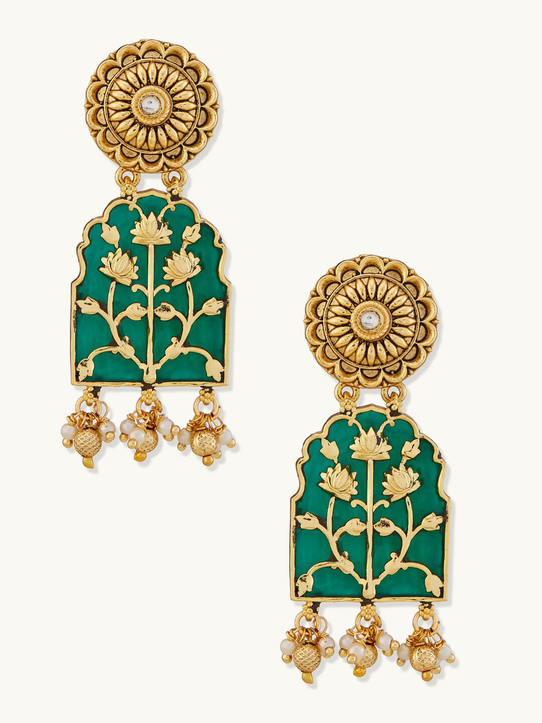 Nuyug 22K Gold-Plated Pearl Beaded Strings Green Enamel Pendant with Floral Motifs Necklace Set | Grocsy