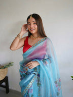 Vamsee Nilam Sky Organza Saree | Grocsy