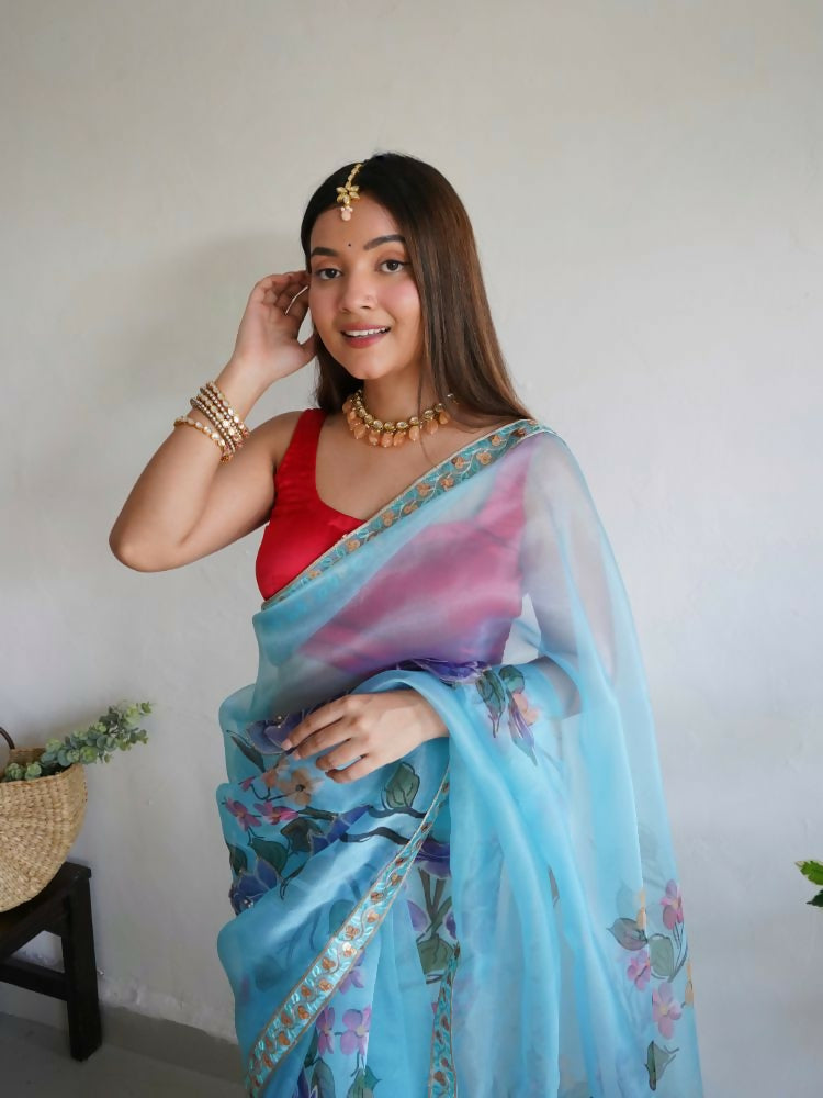 Vamsee Nilam Sky Organza Saree | Grocsy