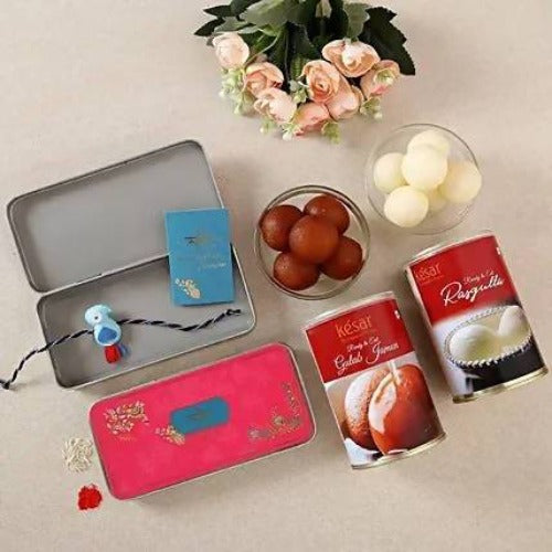 Kids Bird Rakhi With Rasgulla & Gulab Jamun Tin | Grocsy
