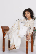 Little Bansi Girls Cotton Floral Embroidery Frock Kurta with Sharara & Dupatta - White | Grocsy