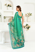 Joban Fashion Rama Green Floral Linen Ready To Wear Saree With Unstitched Blouse | Grocsy