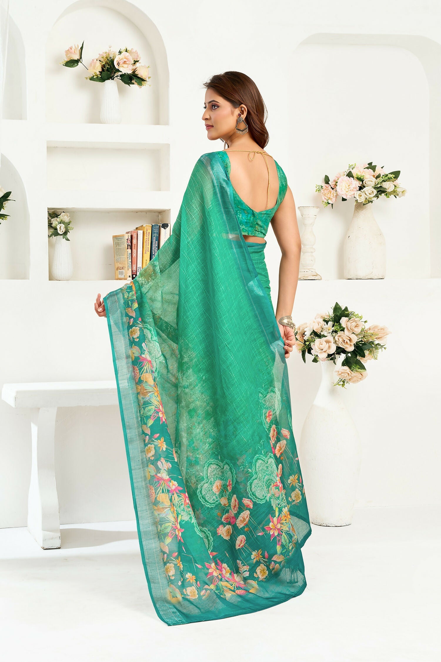 Joban Fashion Rama Green Floral Linen Ready To Wear Saree With Unstitched Blouse | Grocsy