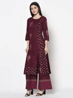 Aniyah Rayon Wine Color Block Print Straight Kurta Palazzo Set (AN-174K) | Grocsy