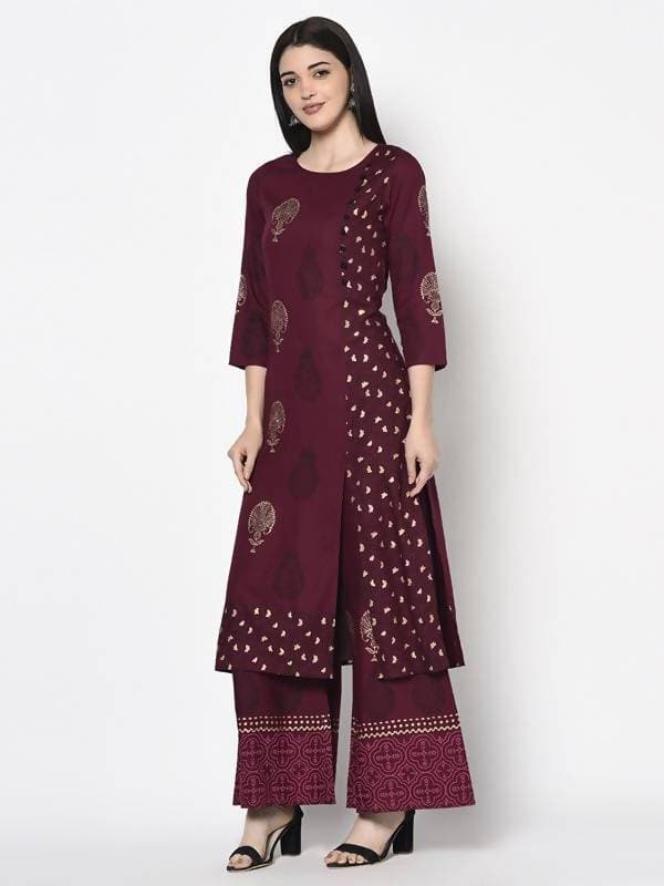 Aniyah Rayon Wine Color Block Print Straight Kurta Palazzo Set (AN-174K) | Grocsy