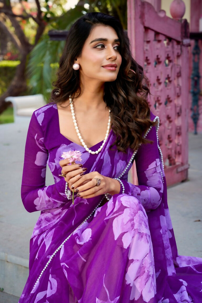 Vastranavya Purple Chiffon Floral Printed & Pearl Lace Border Saree with Unstitched Blouse | Grocsy