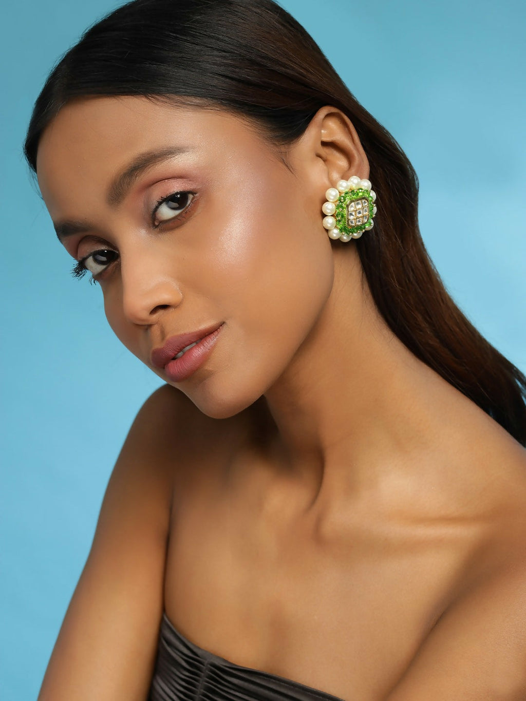 Pearl Kundan Studs with Green Stone Detailing- Ruby Raang | Grocsy