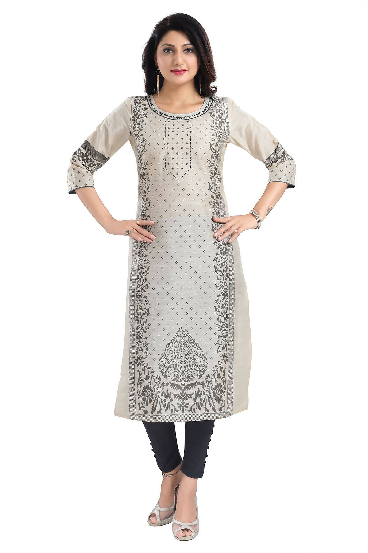 Snehal Creations Cream Raw Silk Block Print Long Kurta For Women | Grocsy