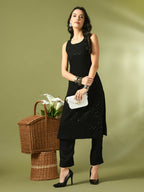 Myshka Women's Black Embroidered Cotton Straight Party Kurta Set | Grocsy