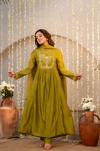 The52 Women's Beautiful Embroidery Work Chanderi Silk Fabric Flared Kurta Pant and Dupatta Set-Light Green | Grocsy