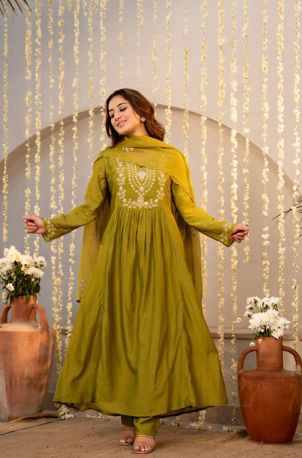 The52 Women's Beautiful Embroidery Work Chanderi Silk Fabric Flared Kurta Pant and Dupatta Set-Light Green | Grocsy