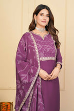 Wine Viscose Chanderi Embroidered Stitched Suit With Dupatta - Tanisha | Grocsy