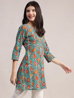 Aavyora Women's Teal Green Cotton A-Line Tunic with Red Floral Print and All-Over Pintuck Details | Grocsy