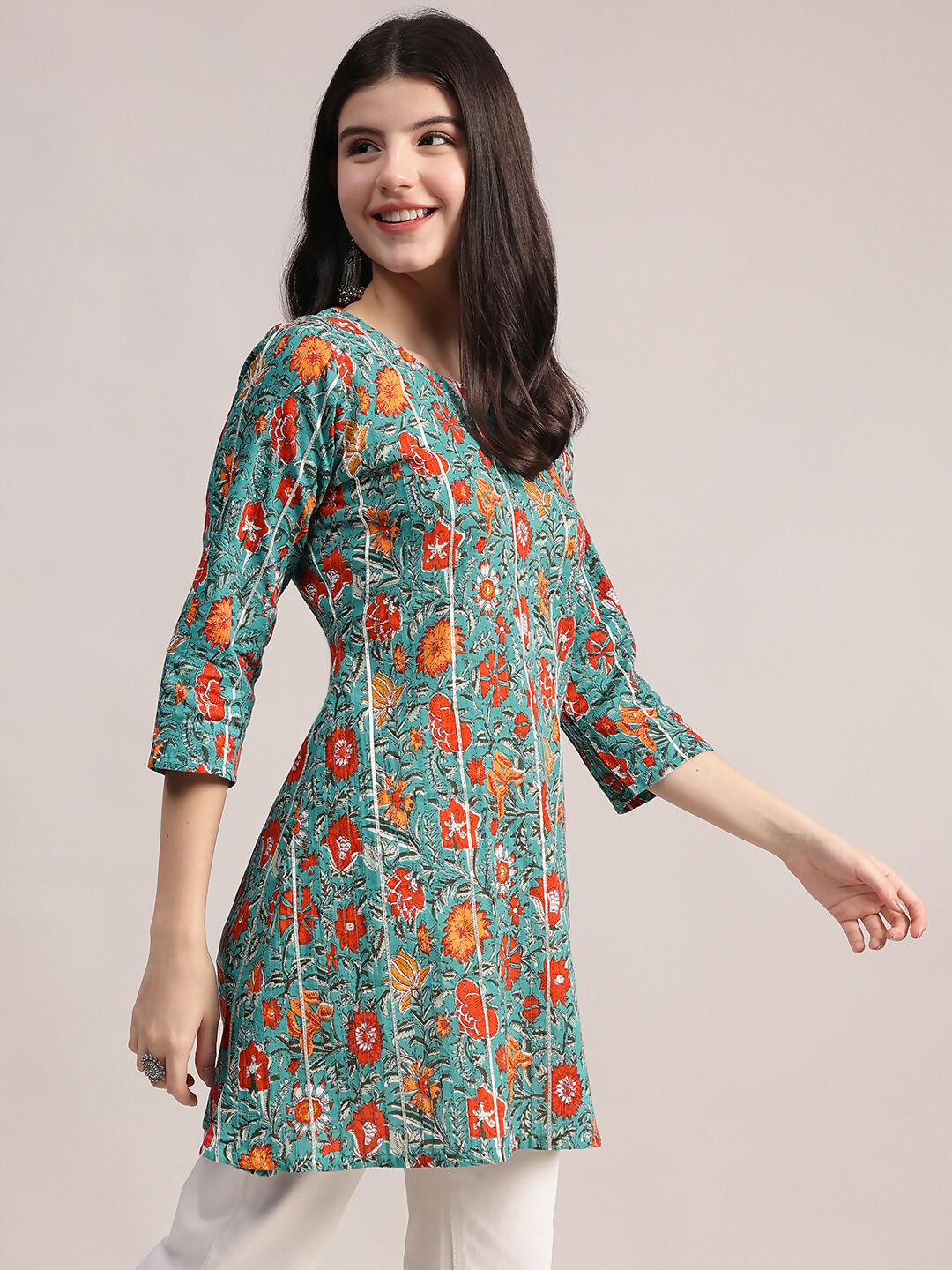 Aavyora Women's Teal Green Cotton A-Line Tunic with Red Floral Print and All-Over Pintuck Details | Grocsy