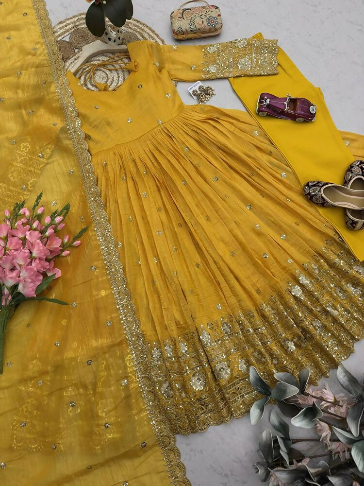 Teeya Creation Elegant Mustard Yellow Solid Silk Anarkali Suit with Dupatta | Grocsy