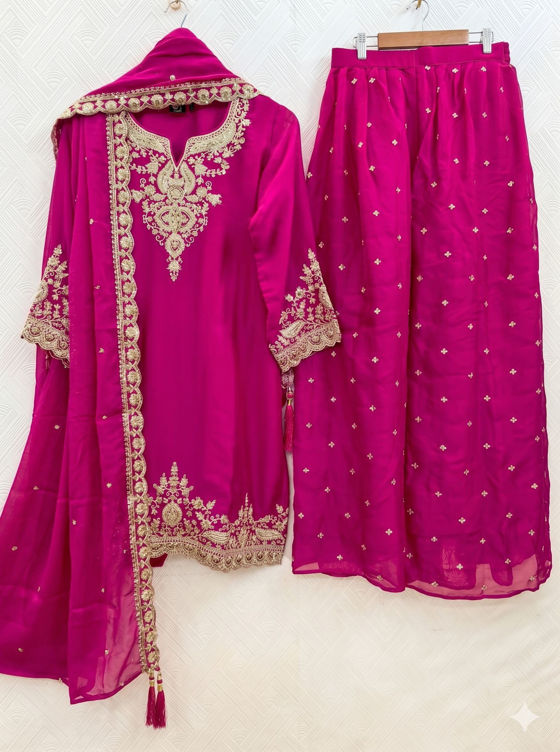 Teeya Creation Womens New Stylish Silk Embroidered Pink Sharara Suit With Golden Zari Work And Lace Border Dupatta | Grocsy