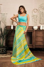 Joban Fashion Yellow Striped (Leheriya) Linen Ready To Wear Saree With Unstitched Blouse | Grocsy