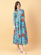 Joban Fashion Turquise Blue Cotton Printed & Hand Work Dress | Grocsy