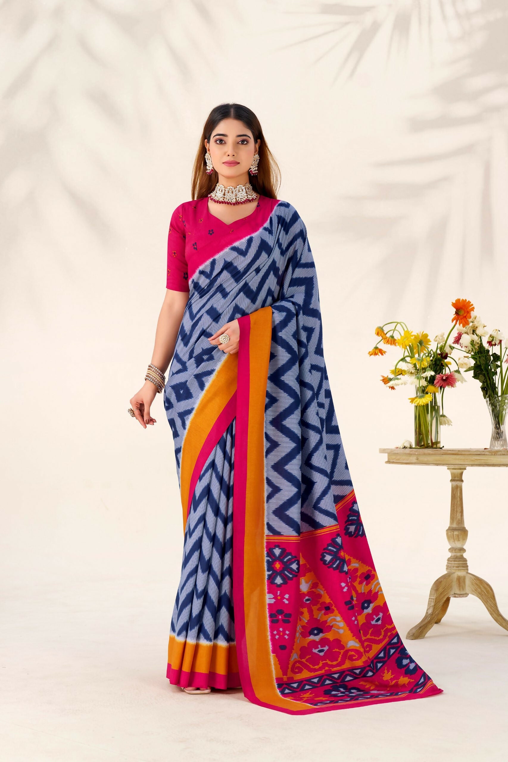 Vastranavya Blue Tussar Silk Zigzag Waves Printed Saree with Unstitched Blouse | Grocsy