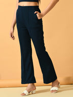 Myshka Women's Navy Blue Flared Party Trouser | Grocsy