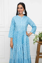Myshka Women Blue Floral Cotton A-Line Mandarin Collar Long Dress | Grocsy