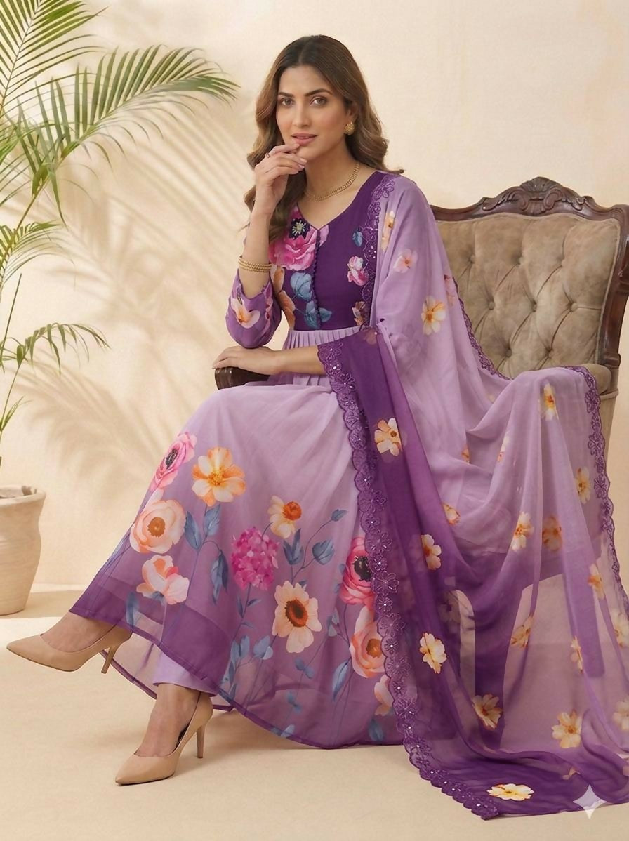 Teeya Creation Womens New Fancy Fox Georgette Heavy Quality Fabric With Handwork Purple Gown Set | Grocsy