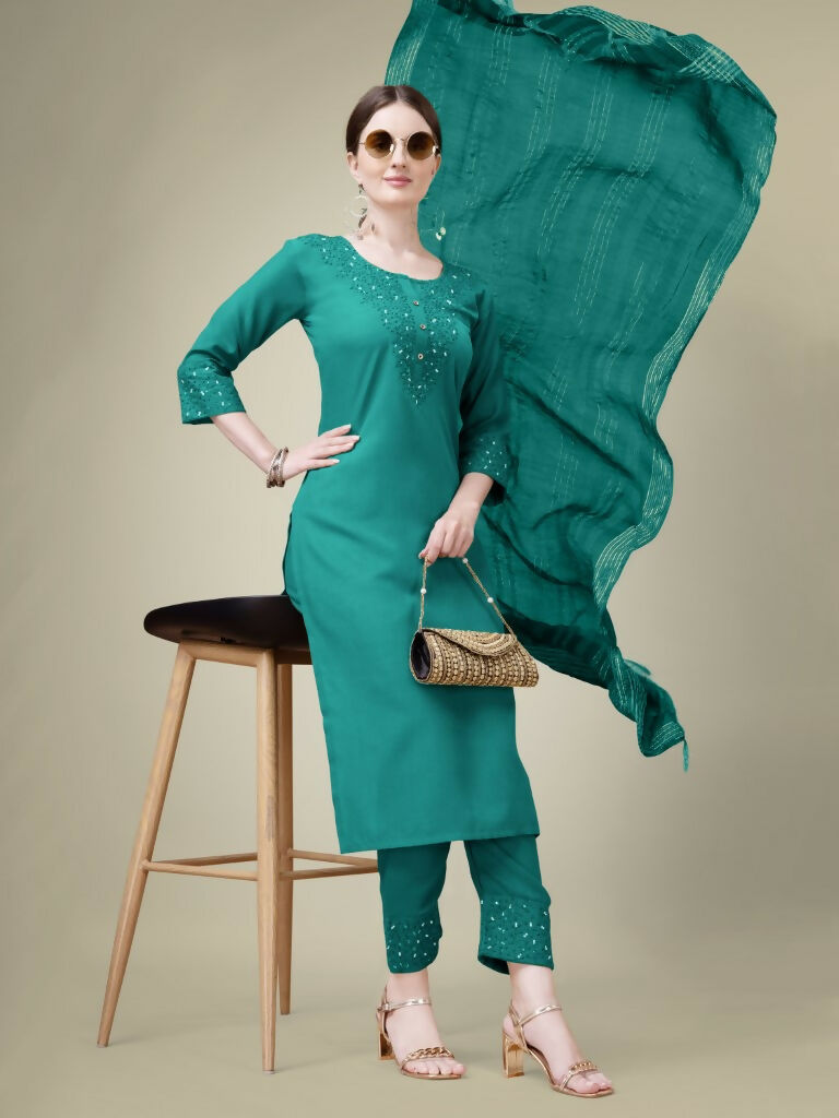 Jyoti Fashion Women's Teal Cotton Blend Embroidery & Sequence work Kurta with Trouser & Dupatta | Grocsy