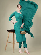 Jyoti Fashion Women's Teal Cotton Blend Embroidery & Sequence work Kurta with Trouser & Dupatta | Grocsy