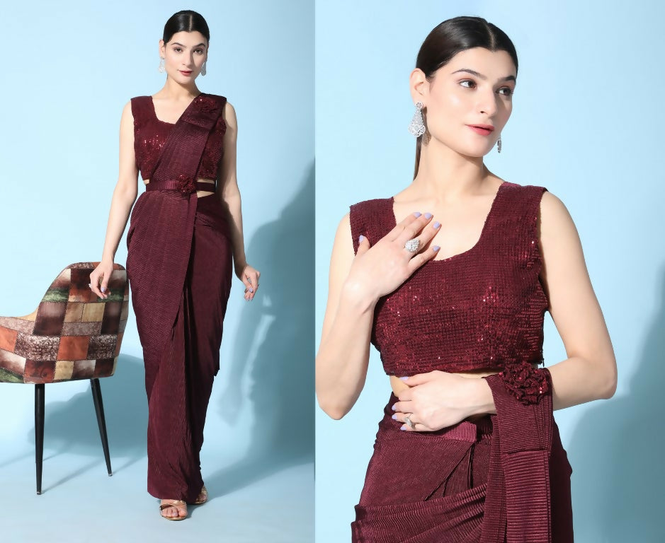 Maroon Imported Crush Lycra Texture Pattern Ready to Wear Saree with stitched Blouse - Nirvana | Grocsy